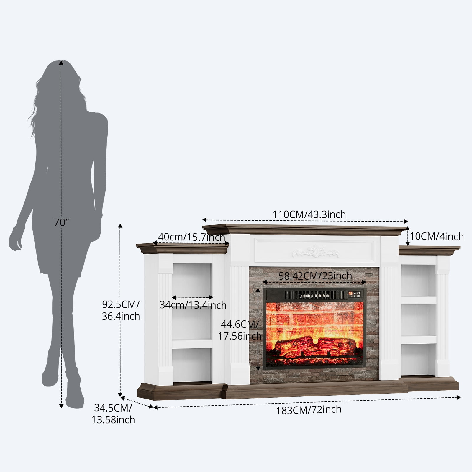 72" Electric Fireplace with Mantel, Stacked Stone Surround with 23" Fireplace Insert, Adjustable Flame, Red Brick Fireplace, White Brown