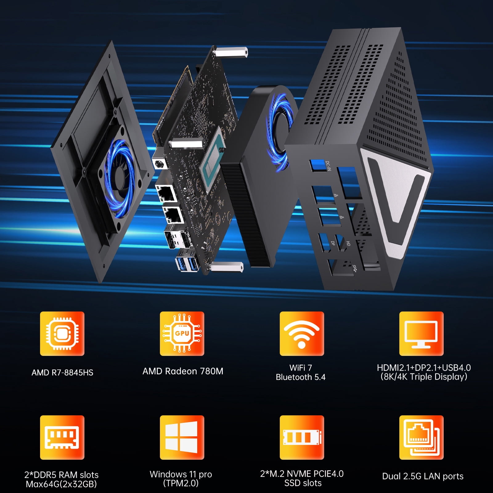 Thdeukoty MQ9 Mini PC Ryzen 7 8845HS, Upto 5.1GHz, Desktop Computers with 16G DDR5 RAM 512G SSD, Win 11 Pro/WiFi 6E/BT 5.3/Dual 2.5G LAN/Oculink, Triple Display Display