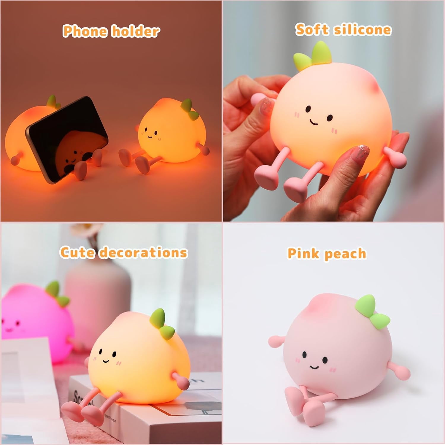 Night Light for Kids, Cute Peach Soft Silicone Nursery Light, 7 Colors & 3 Level Warm Light, Rechargeable Touch Pat Lamp, Bedside Baby Night Light Gift for Kids (Multicolour)