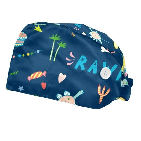 

2PCS Working Cap with Buttons and Sweatband Adjustable Tie Back Hats Bouffant Caps Dinosaur Scrub Turban Hat