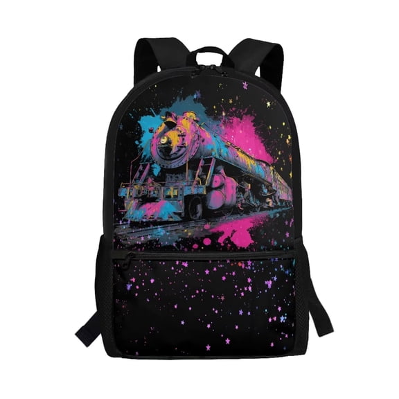 Binienty Graffiti Steam Train 17 Inch School Bookbag for Teens Multiple Front Storage Pockets Side Mesh Holders Large Capacity School Backpack Travel Daypack Rucksack for Students
