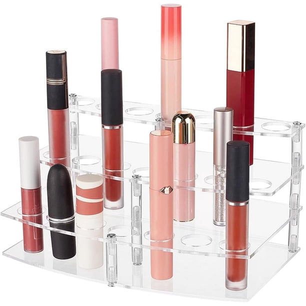 Organizador de lápiz labial acrílico transparente de 3 niveles, 21 orificios, 0,85 pulgadas, pequeño organizador de maquillaje para brillo de labios, esmalte de uñas, contenedor de belleza.