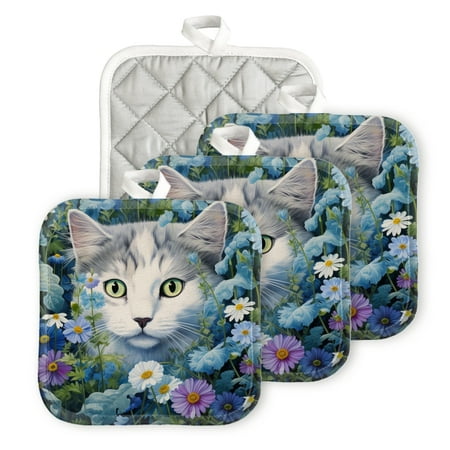 

BaHomeck Pot Holders 4pcs dacron Made Square heat-resisting mat Machine Washable for Kitchen Oven Hot Pads 6.7inch*6.7inch Gray And White Cat With Green Eyes Surrounded By Blue Daisies