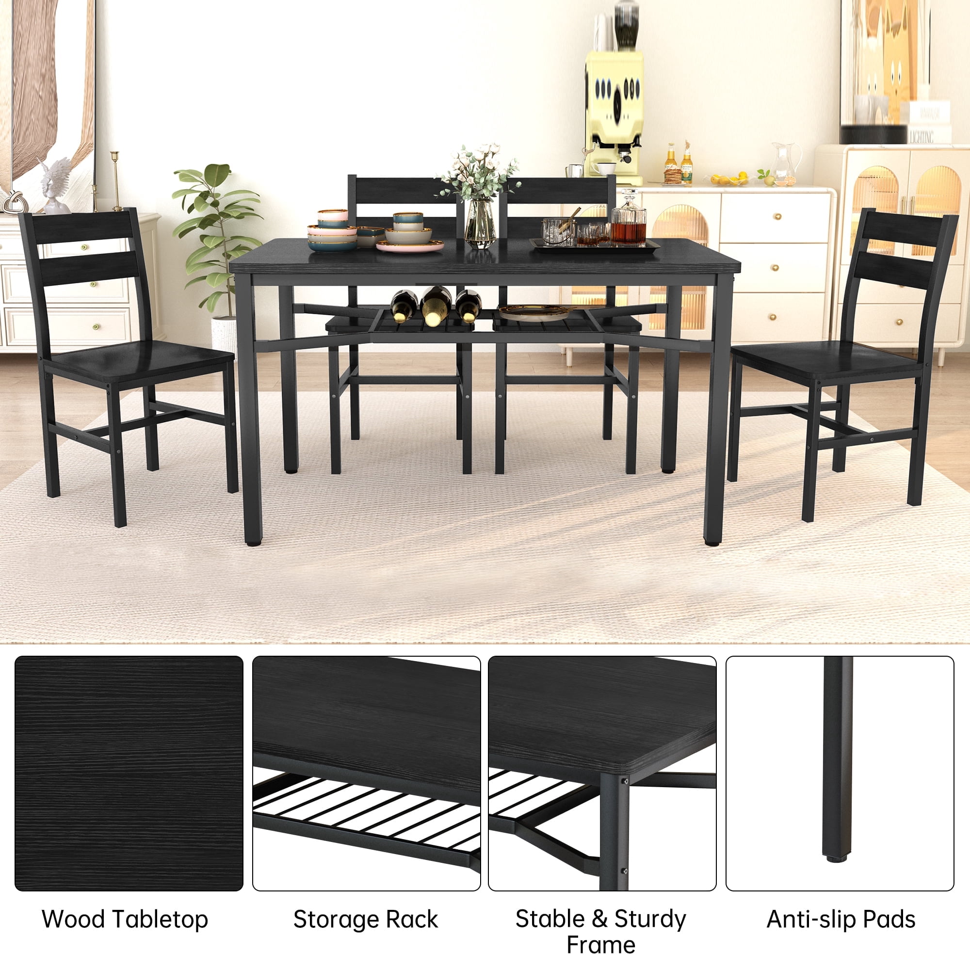 Baxluxe 4-person dining table set, farmhouse-style wooden kitchen dining table and chair set, farmhouse 5-piece dining table set with storage rack, small kitchen dining table set,Black