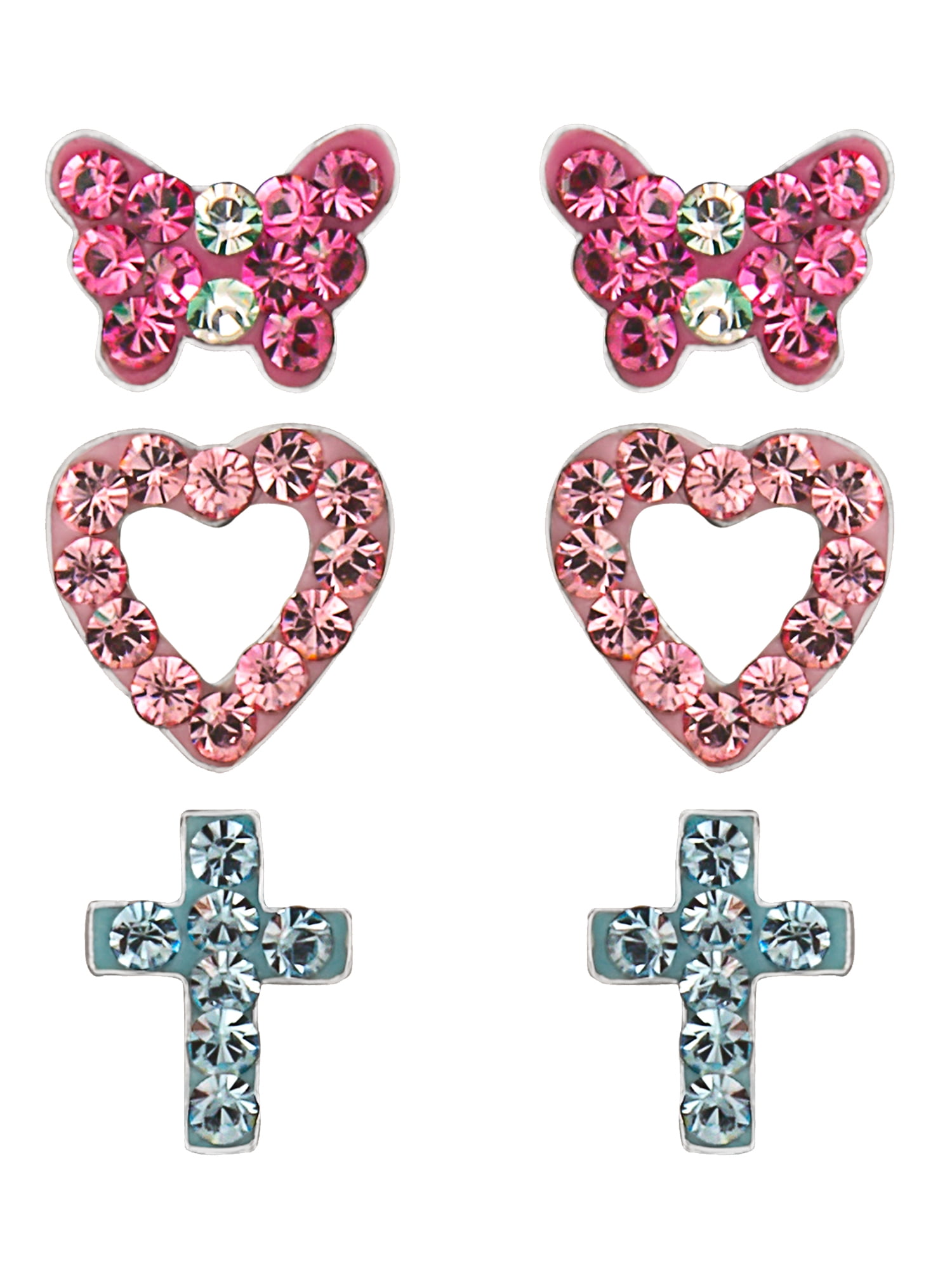 Brilliance Fine Girl’s/Tween Sterling Silver Crystal Heart, Butterfly and Cross Stud Earring Set