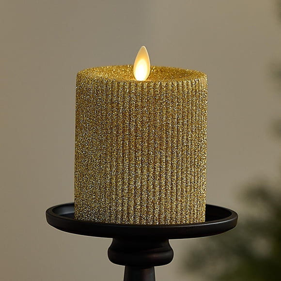 Luminara Bougie LED Sans Flamme à Paillettes Dorées Riches, Pilier de Flamme Mobile, Cire Véritable, Dessus Plat, Minuterie (3.25 Pouces x 4.5 Pouces)