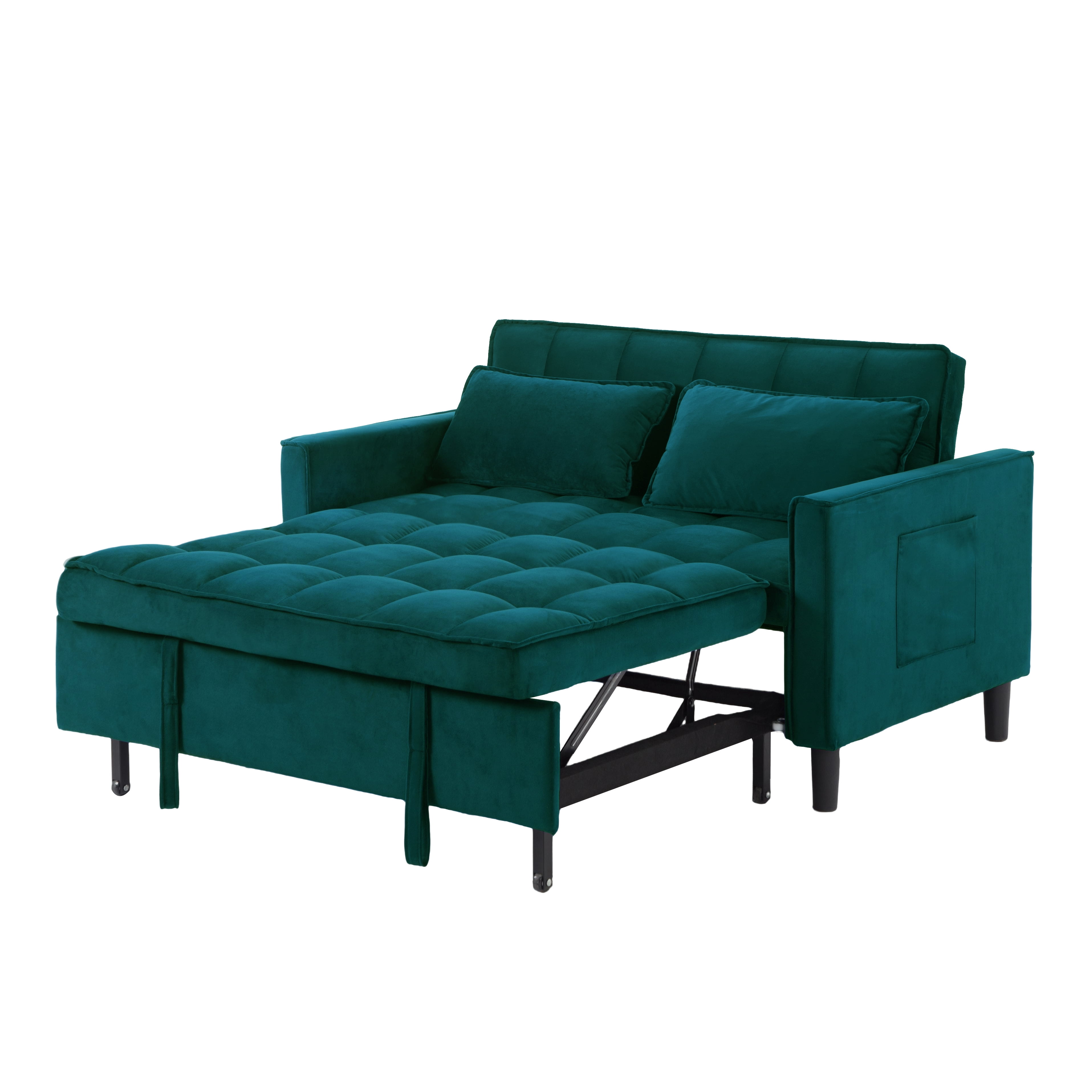 BSHTI 53.94" Pull-Out Sleeper Sofa Bed with Velvet Upholstery, 3-Position Reclining Back, Solid Wood Frame for Apartment/Office（Turquoise）