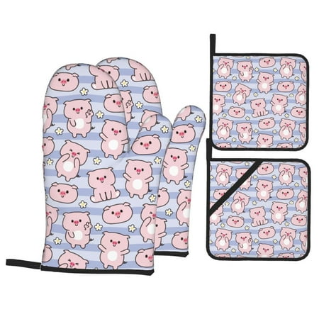 

Oven Mitts and Pot Holders 4 Piece Striped Pink Pig Flowers High Heat Slip Resistant Oven Mitt and Trivets Set Kitchen Oven Glove Pot Holders for Cooking Baking Grilling