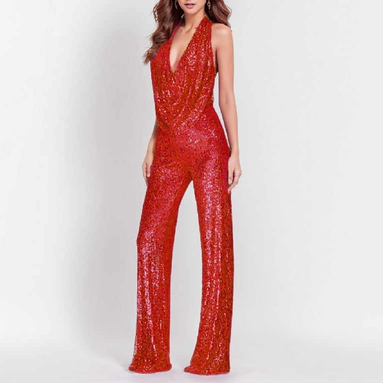 Fsqjgq Jumpsuits for Women Red Rompers Elegant Romper for Women Shiny Jumpsuit Elegant Shiny Straight Trousers Jumpsuit Nightclub Night Wear Linen