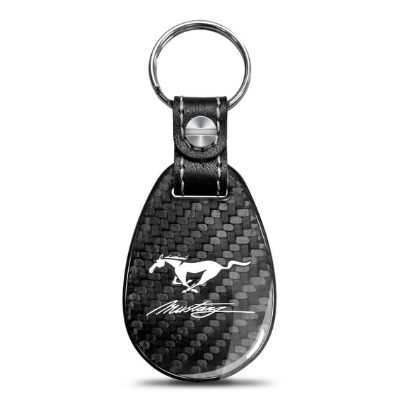 iPick Image for Ford Mustang Script Real Black Carbon Fiber with Leather Strap Large Tear Drop Key Chain, Official Licensed