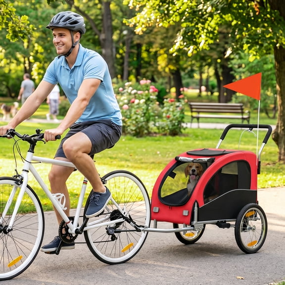 Aosom 2 in 1 Dog Bike Trailer, Foldable Pet Stroller, Dog Bicycle Trailer with Suspension, for Medium Dogs up to 44 LBS, Red