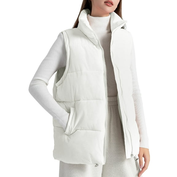 FEOYA Ladies Sleeveless Puffer Vest Womens Padded Crop Warm Outerwear Winter Waistcoat Stand Collar Zip Up Jacket with Pockets for Sport Athletics Hiking Outdoor L White