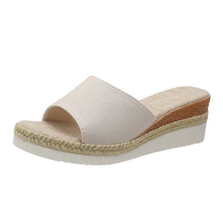 

Summer Saving Clearance! Kukoosong Womens Wedge Sandals Womens Summer Fashion Casual Slippers Open Toe Thick Bottom Flax Slippers Sandals Women Beige 40