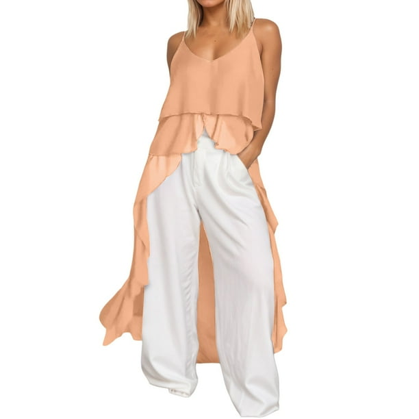 Vestido informal para mujer: cuello en V con volantes asimétricos, tirantes, ligero, de verano