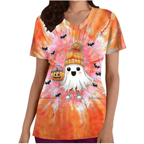 Karymi T Shirts for Women Halloween Print V Neck Scrub Top, Short Sleeve Casual Uniform T-Shirt with Pockets, Work Blouse for Nurse Daily Workout Tops for Women