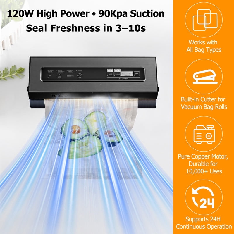 TINKLE WELL 6-in-1 Compact Vacuum Sealer Machine, Food Preservation System with Dry & Moist Modes, Includes 2 Bag Rolls + 5 Pre-Cut Bags, Cutter & ETL Listed, Black