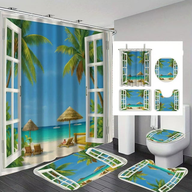 Juego de cortinas de ducha de 4 piezas con vistas a la playa tropical