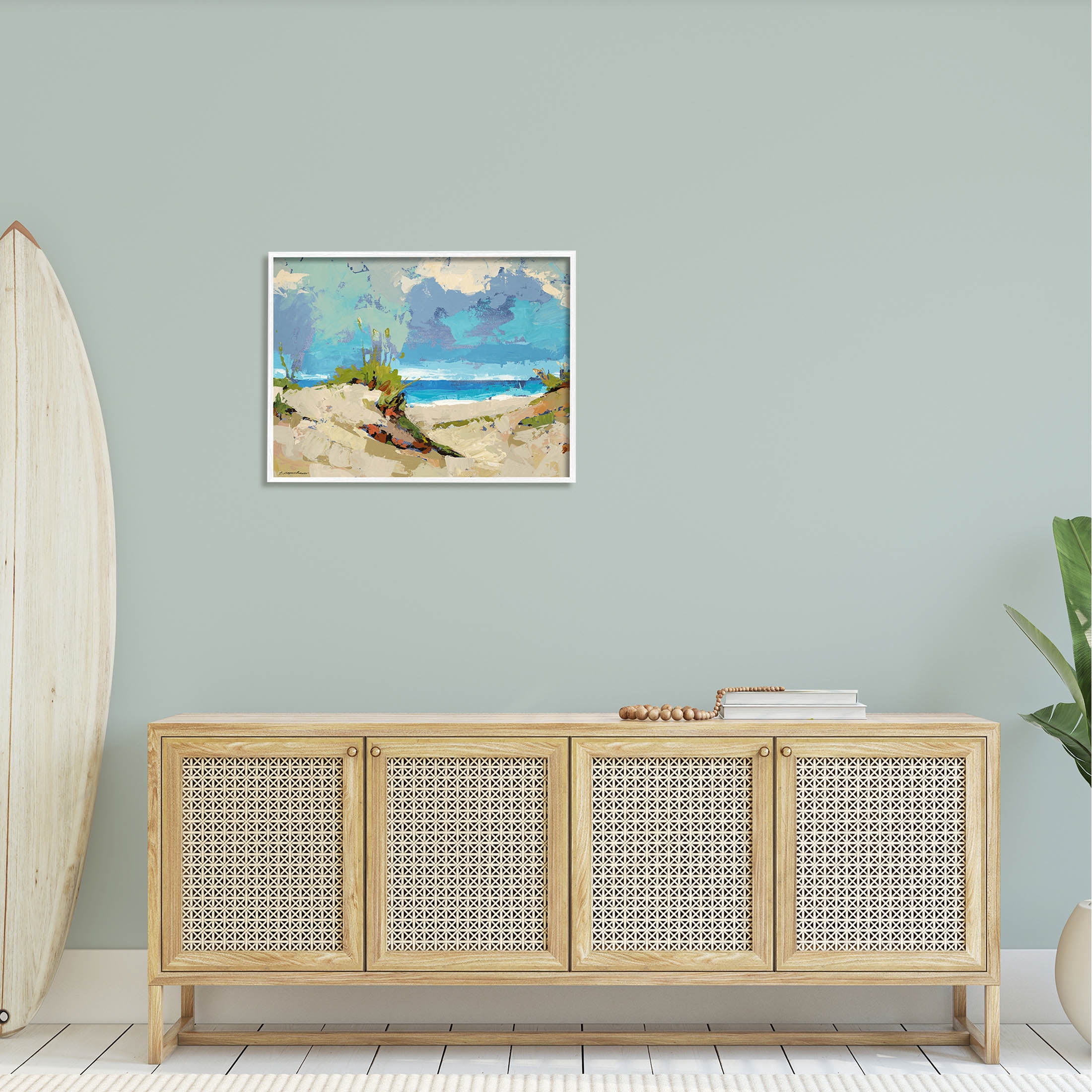 Modern Seaside Beach Scene Landscape Painting White Framed Art Print Wall Art