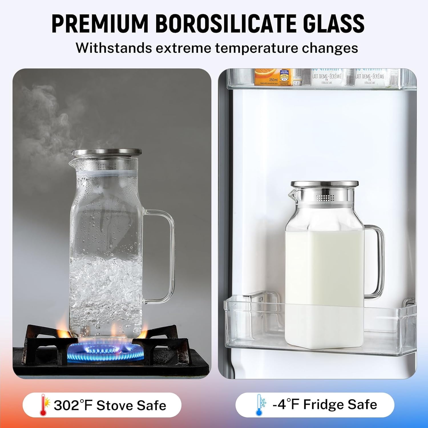40 oz 1.2L Square Glass Pitcher with Lid and Spout, Handle Fridge Pitcher, Borosilicate Glass Carafe for Hot and Cold Drinks, Small Jug for Iced Tea, Coffee, Water Storage Container