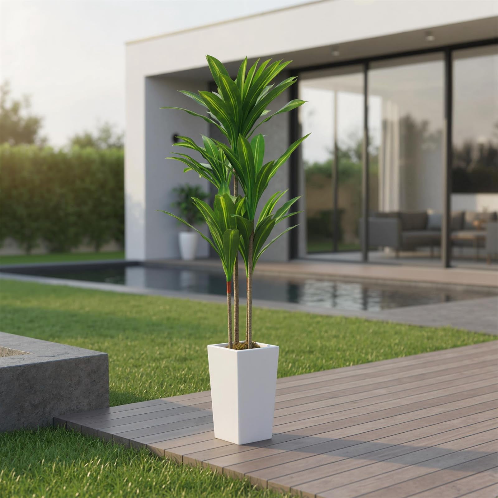 Accreate Faux Banana Tree Artificial Plant, Fake Potted Tropical Evergreen with Tall White Planter for Living Room, Entryway, Porch, or Office