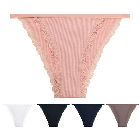 

opvise Low Rise Ribbed Seamless Solid Color Women Briefs Sexy Lace Trim Ultra-thin Underpants Royal Blue XL