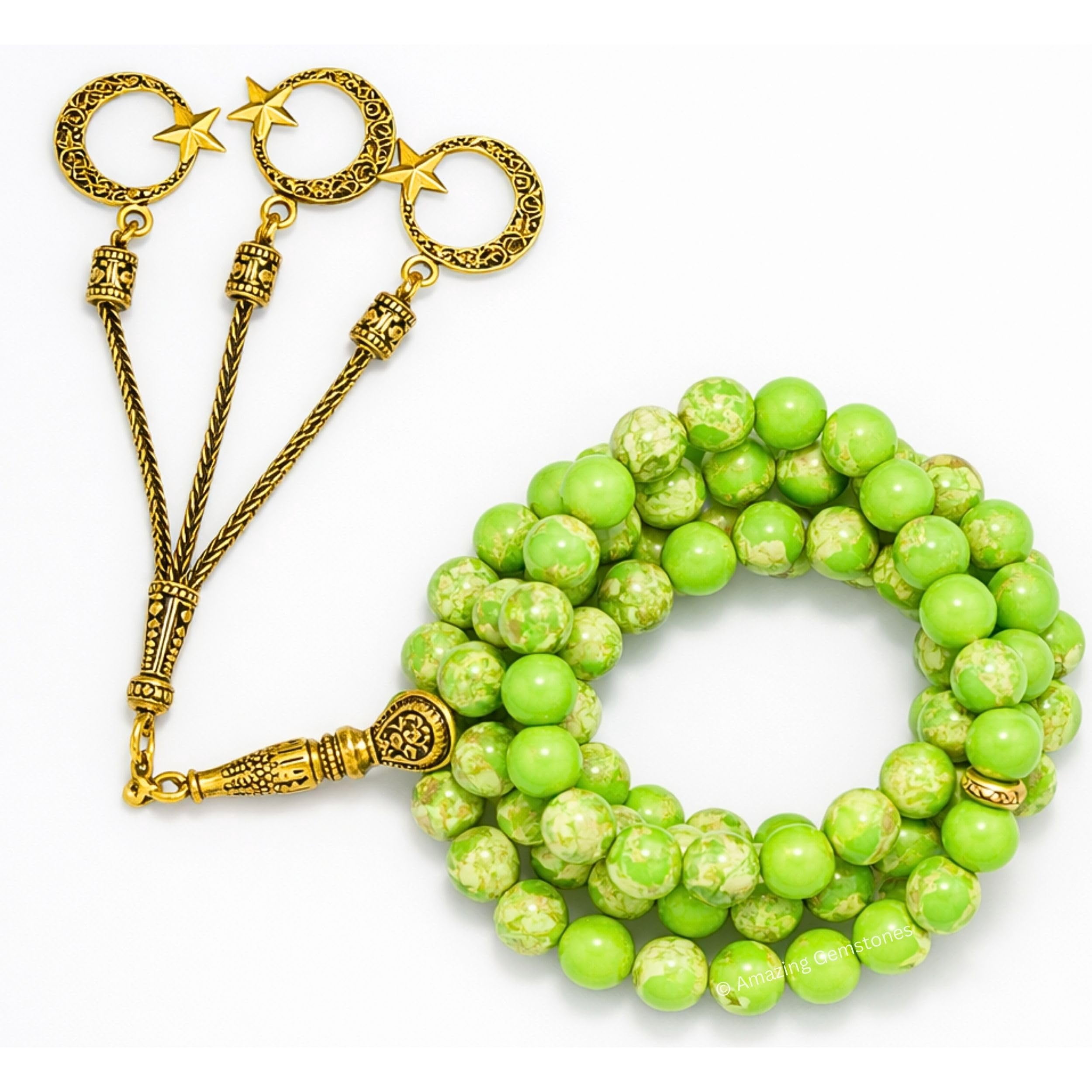 Green Turquoise Crystal Tasbeeh Prayer Beads, Muslim Islamic Tasbih for Dhikr, Namaz and Ramadan Gift (Golden)