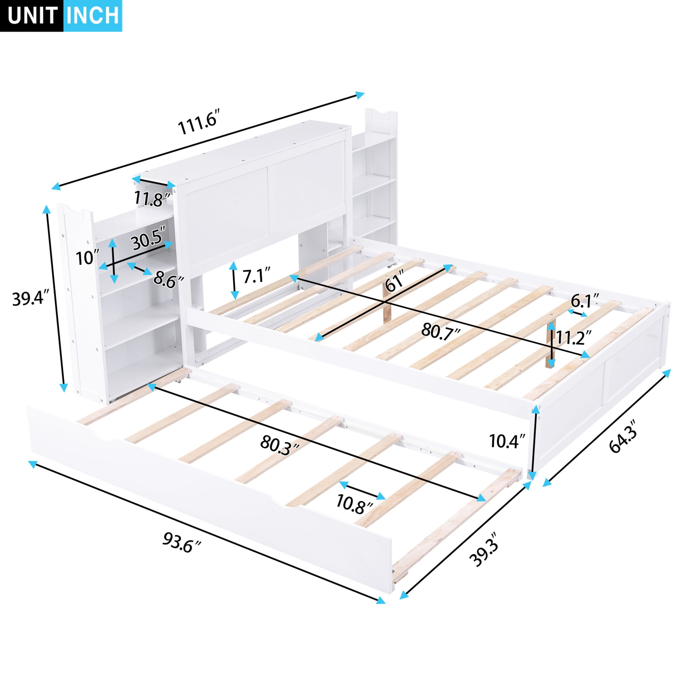 Noble House Fenfi Queen Size Storage Platform Bed with Pull Out Shelves and Twin Trundle, Solid Pine Wood Frame, White