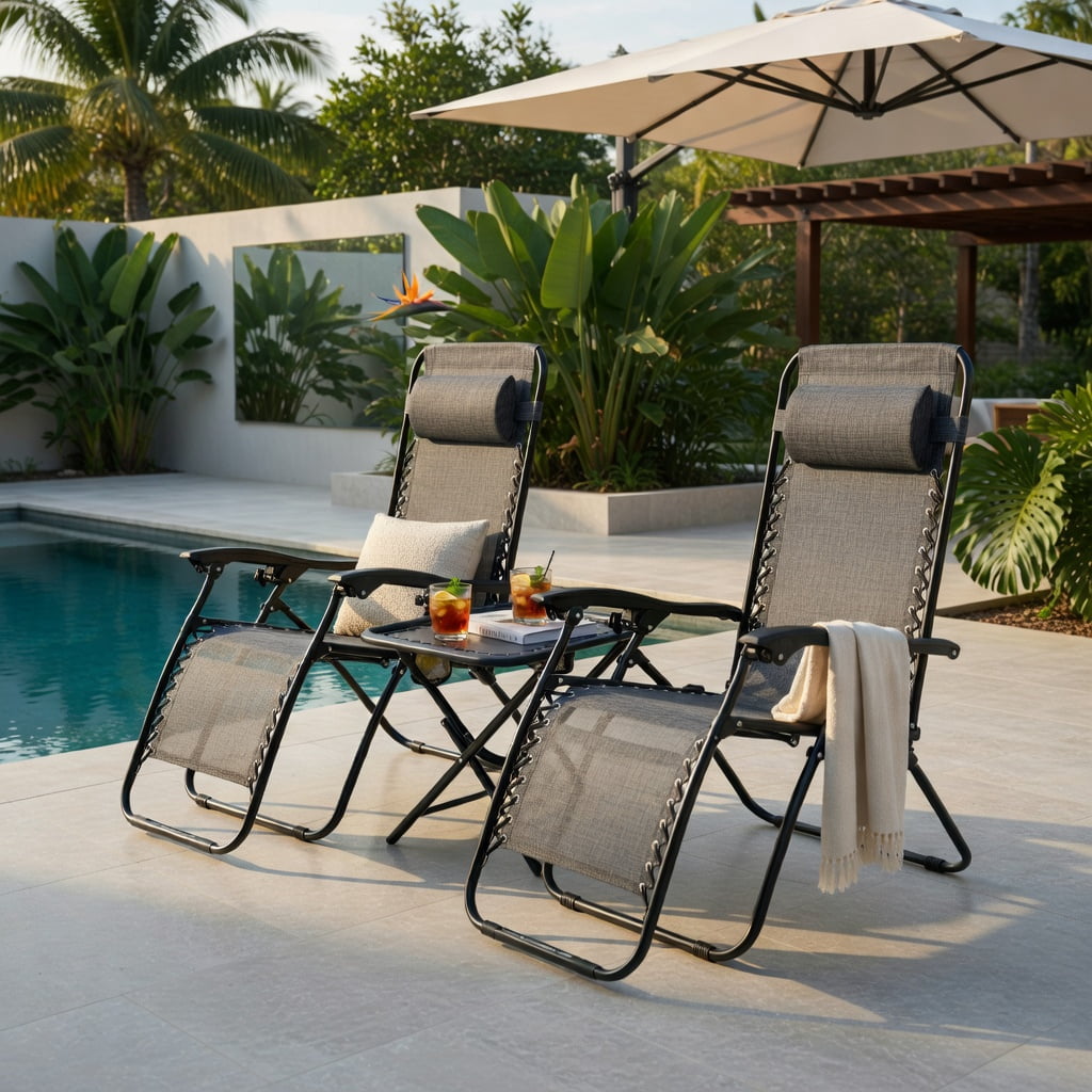 Hommoo 3-Piece Foldable Zero Gravity Lounge Chair Set with Portable Table, Steel Frame, Textilene Fabric, Outdoor Patio, Beach & Deck Recliners, Gray