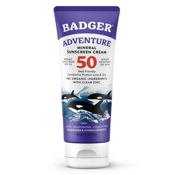 Badger Adventure Mineral Sunscreen Cream, SPF 50, 2.9 fl oz