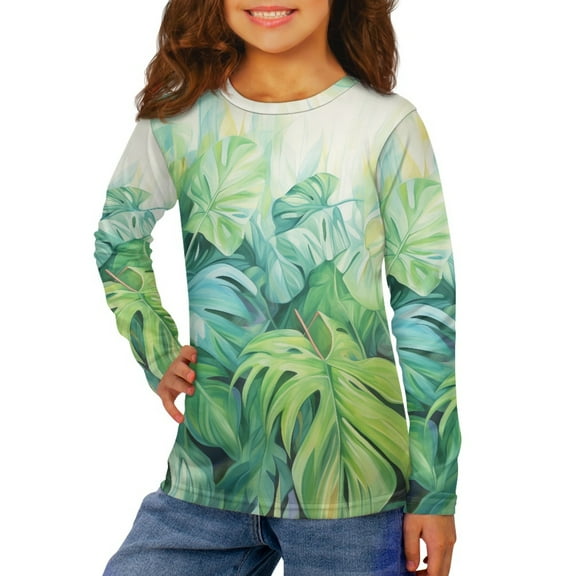 DISNIMO Green Palm Print Shirt Long Sleeve for Kids Long Sleeve Shirts for Girls 3-4 Long Sleeve Shirt Kids Crew Neck Tshirt Girls Long Sleeve T Shirts Soft Kids T Shirt Casual Tops Girls