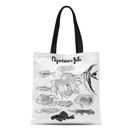 ASHLEIGH Canvas Tote Bag Aquarium Fishes Drawn in Line Under Water Scenery the Reusable Shoulder Grocery Shopping Bags