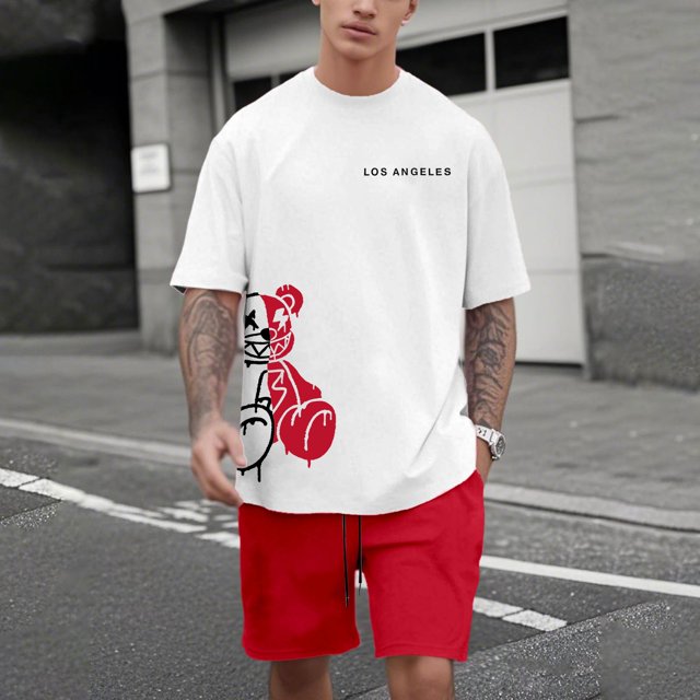 WILLBEST Conjunto de Traje para Hombre con Estampado de Oso para Uso Exterior E Informal. Combinación de Manga Corta y Pantalones Cortos para Verano. Ideal para Relajación y Actividades Físicas.