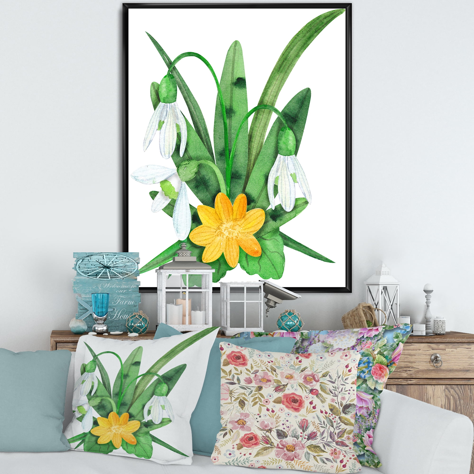 Designart 'Snowdrops and Yellow Erantis VIntage Flowers' Traditional Framed Canvas Wall Art Print