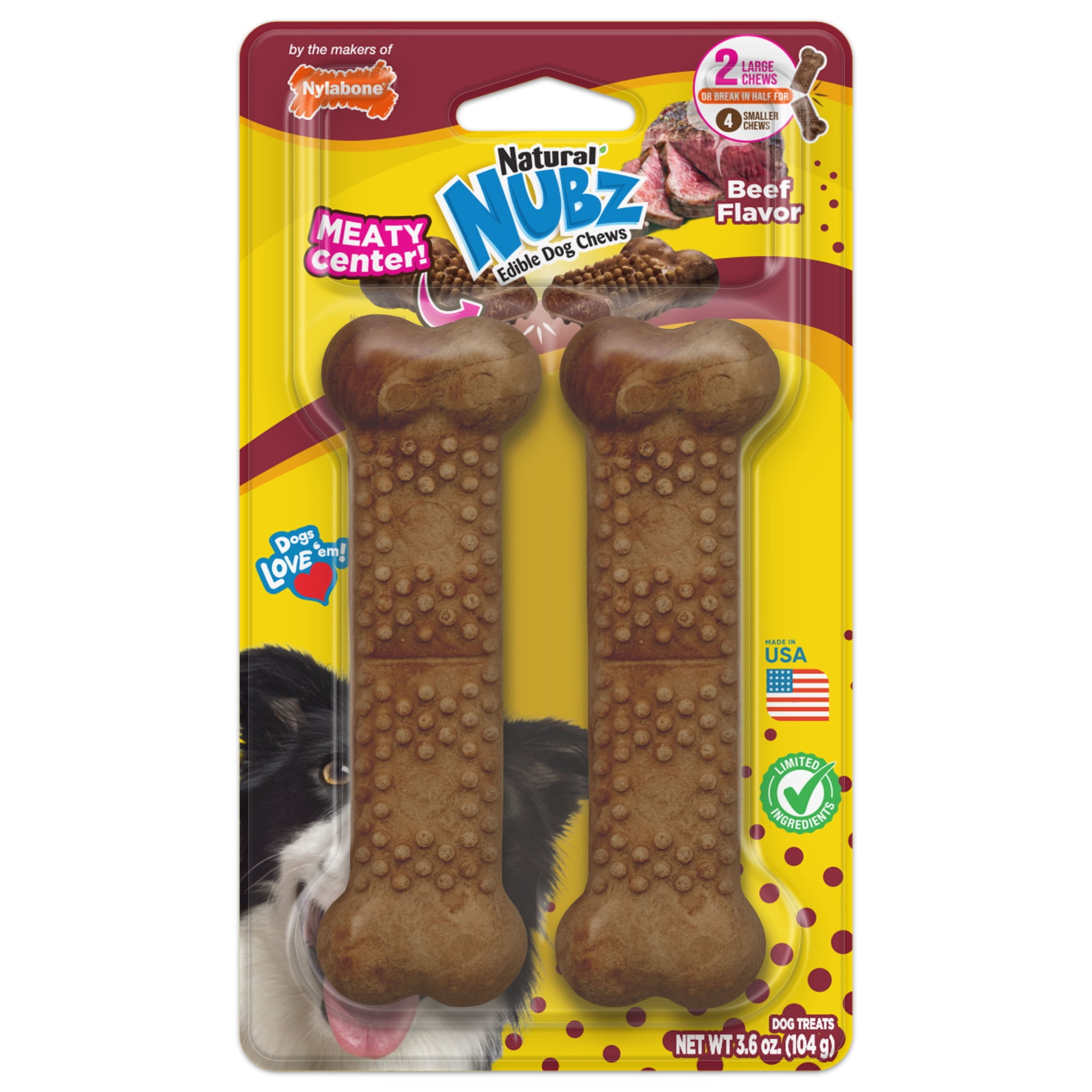 Nylabone Nubz Meaty Center Dog Treats for Large Dogs, Beef Flavor Dog Bones, Large - 30+ lbs., 2 Count