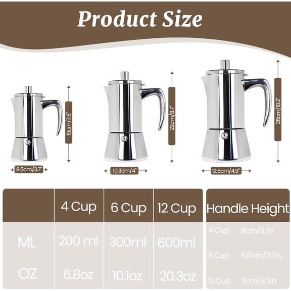 6 Cup Thickened Moka Pot 304 Stainless Steel Italian Espresso Coffee Maker Stovetop Portable for Induction