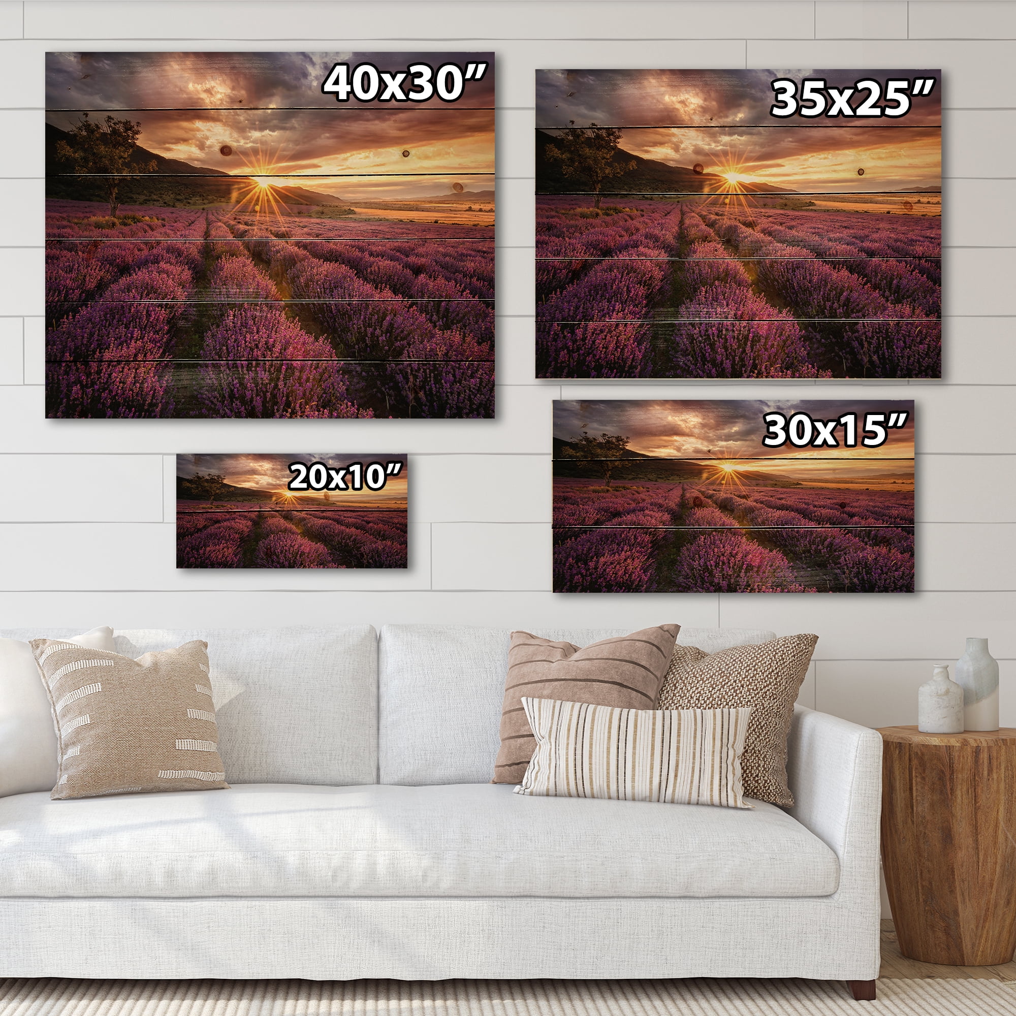 Designart 'Dramatic Clouds and Sunrise Over Lavender Field IV' Farmhouse Print on Natural Pine Wood