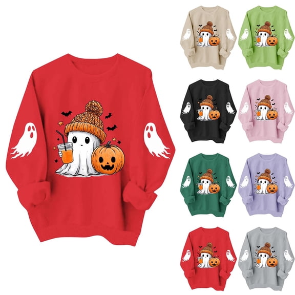Halloween Sweatshirt for Women Ghost Pumpkin Bat Print Pullover Crew Neck Long Sleeve Oversized Casual Fall Tops Ribbed Cuffs and Hem Cozy Spooky Season Pullover Tops
