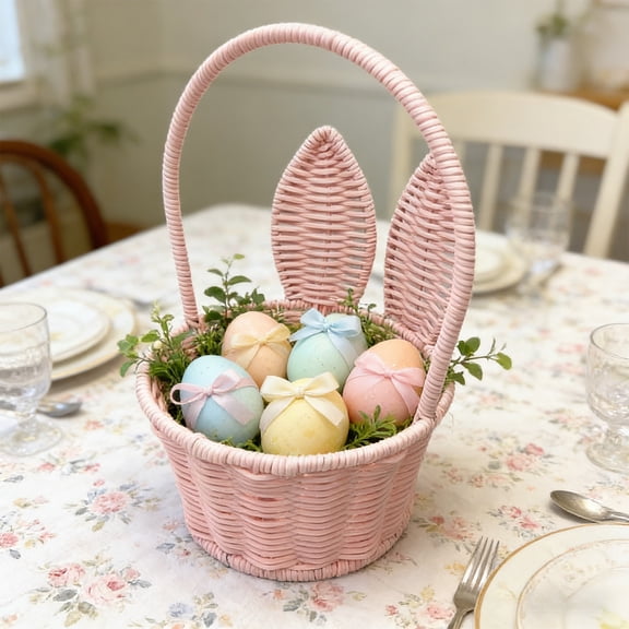Lksixu Easter Bunny Baskets, Easter Decorations Woven Wicker Empty Egg Basket with Handle and Rabbit Ears, Portable Easter Eggs Storage Basket Small Rattan Picnic Basket for Easter Eggs Hunting