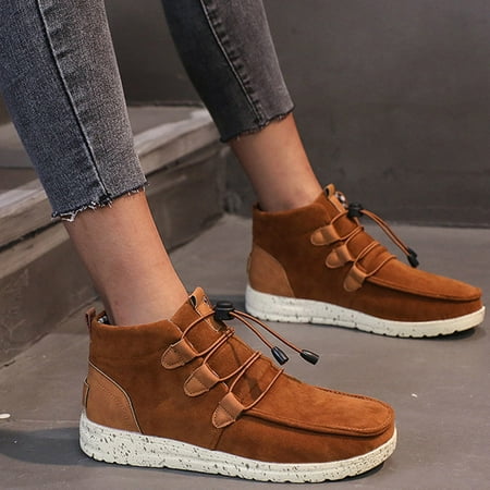 Perfectbot Boots for Women Ankle Booties Low Heel Thick Plush Brown Ankle Boots Flatform Vacation Round Toe Lace up Boot Size 6.5