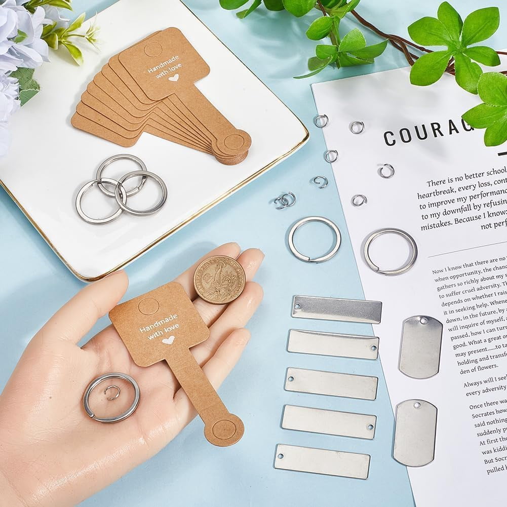 30 Pack Metal Key Chain Blanks Laser Engraved Jewelry Blanks Stainless Steel Stamping Blank Tags Round Key Ring Paper Display Cards Jump Rings Keychain Making Kits for DIY Birthday Gifts for making
