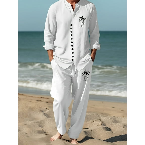 Men's 2 Piece Set Long Sleeve Casual Booton Down Shirts Loose Pants Set Lounge Vacation Outfits Summer Beach Set White 01 M