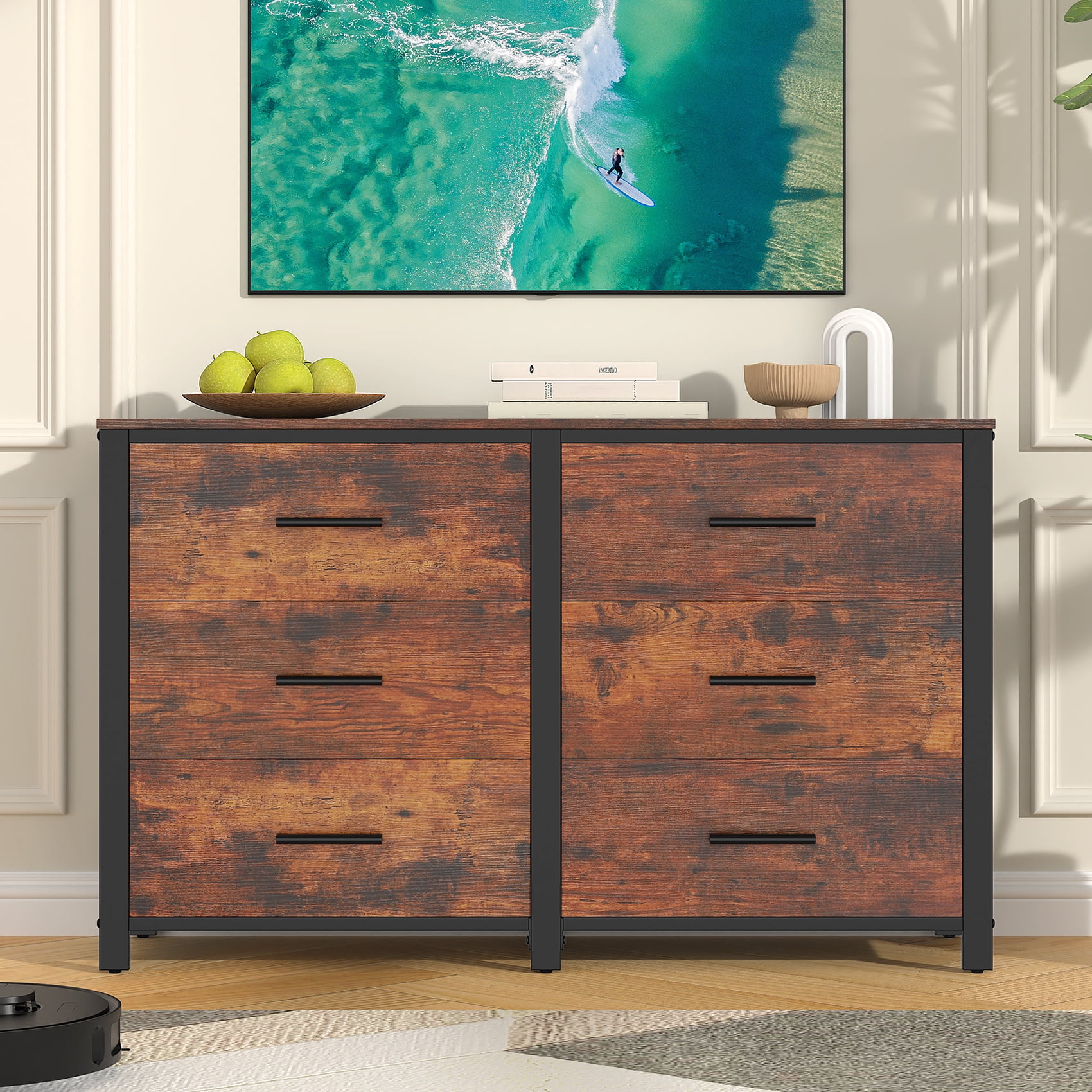 Winkalon Double Dresser with 6 Drawers,Large Chest of Drawers Storage Cabinet for Bedroom Living Room,Brown