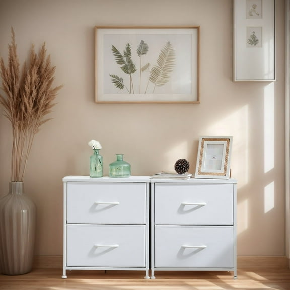 JOINSUN White Nightstand Dressers with 2 Fabric Drawers, Ideal for Bedroom Organization, Set of 2