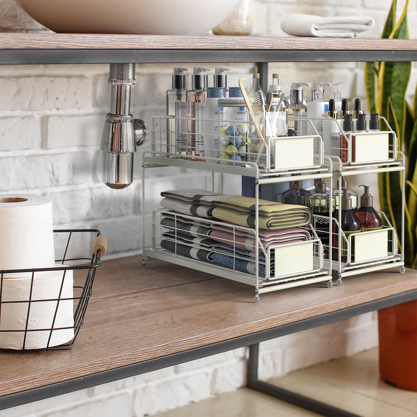 2-Tier Cabinet Storage Organizer Baskets with Sliding Drawer Set of 2, White