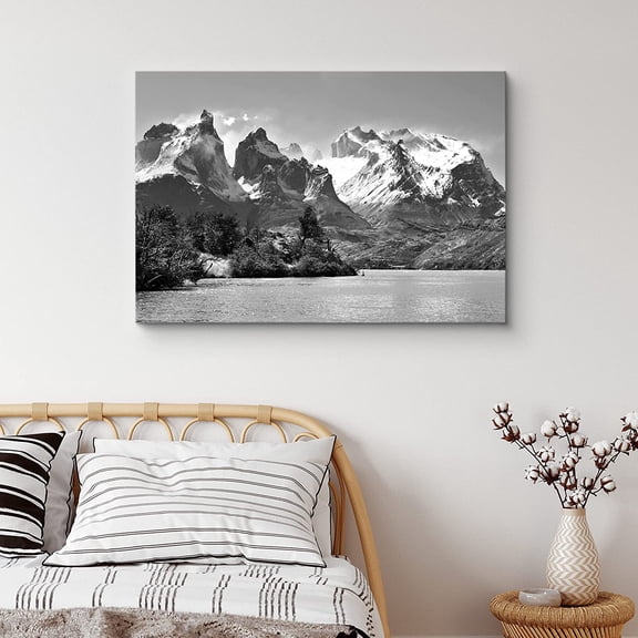 PixonSign Canvas Print Wall Art Mountain Peaks Near The Lake Nature Wilderness Photography Realism Rustic Landscape Dramatic Grey Dark Black and White for Living Room, Bedroom, Office - 12"x18"