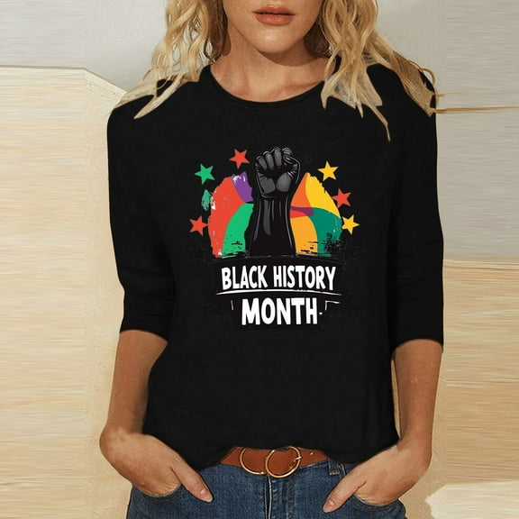 Jjayotai Black History Month T-shirt for Women, 3/4 Length Sleeve Tops, Gradient Color Letter Graphic Tees, Loose Fit Casual Round Neck Blouses Black S