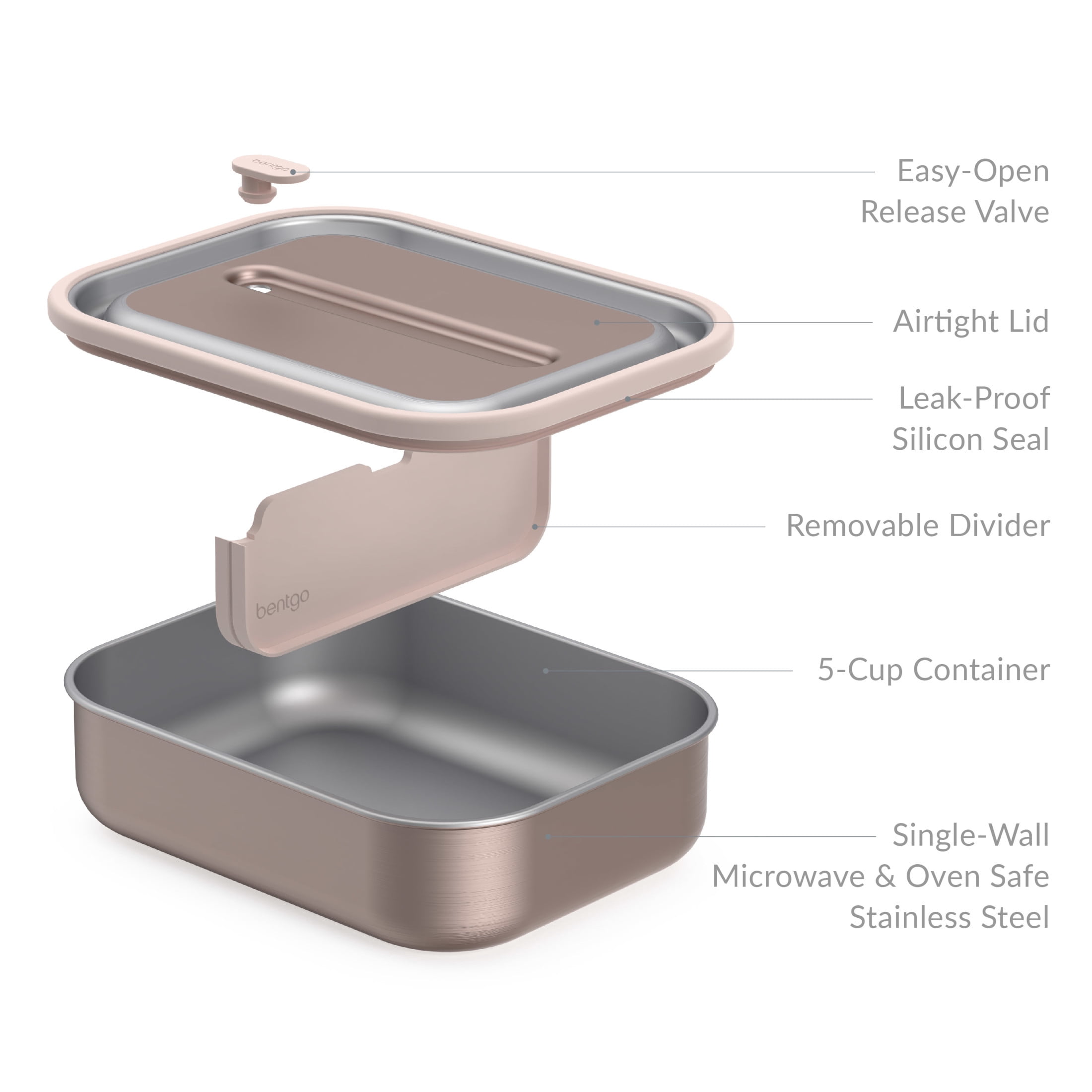 Bentgo MicroSteel Leak-Proof Lunch Box - Microwave-Safe, Oven-Safe, Bento-Style Container with Removable Divider, Airtight Lid, Sustainable Design, Odor & Stain Resistant (Rose Gold)