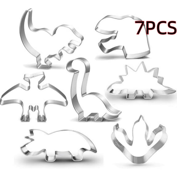 New Dinosaur Cookie Cutter Set-7 Piece-Footprint and Head, Tyrannosaurus(T-Rex), Brontosaurs, Spinosaurus, Triceratops, Pterodactyl