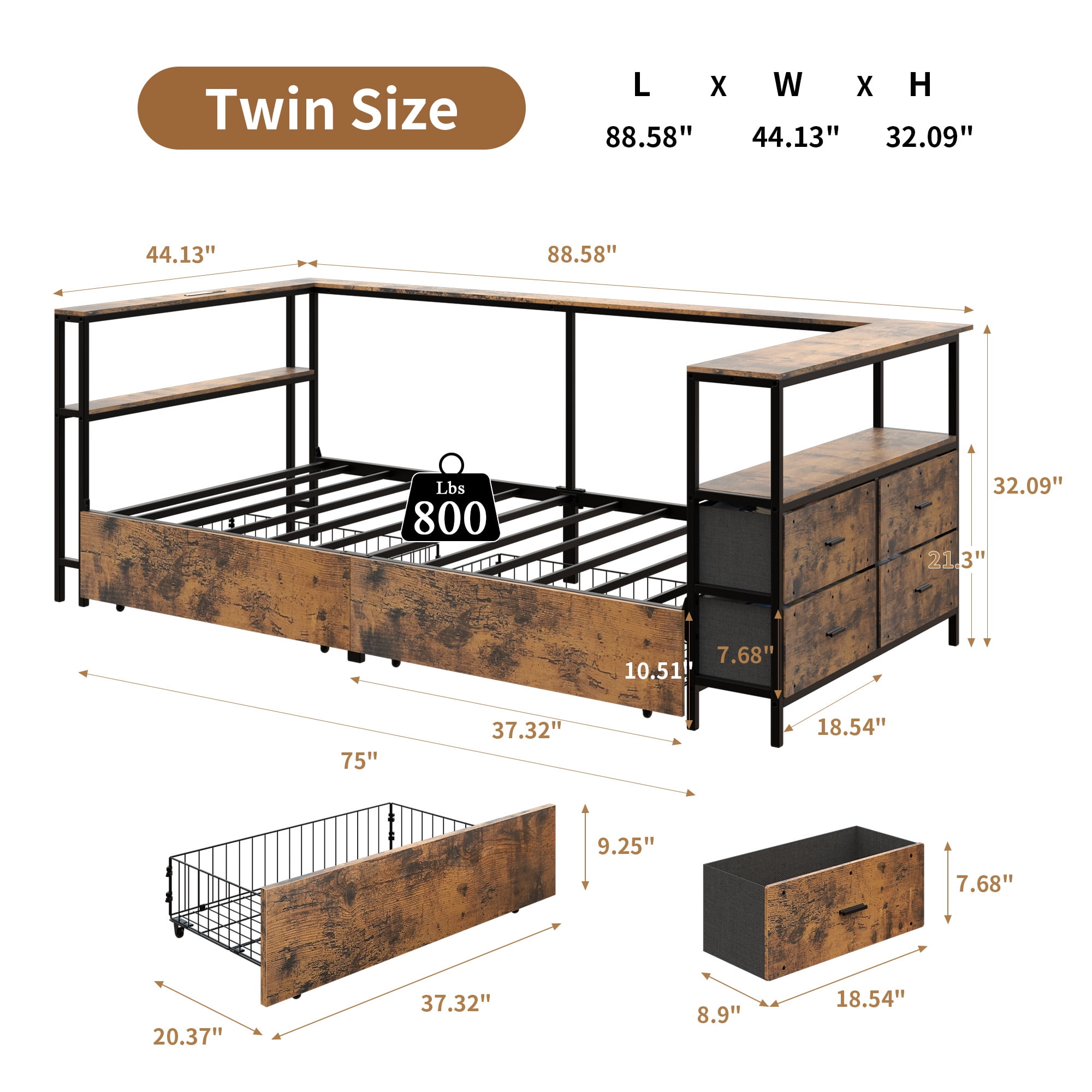 Miniyam L-Shaped Twin Bed Frame with Storage Drawers, Charging Station & Bookshelf, Metal Platform Bed