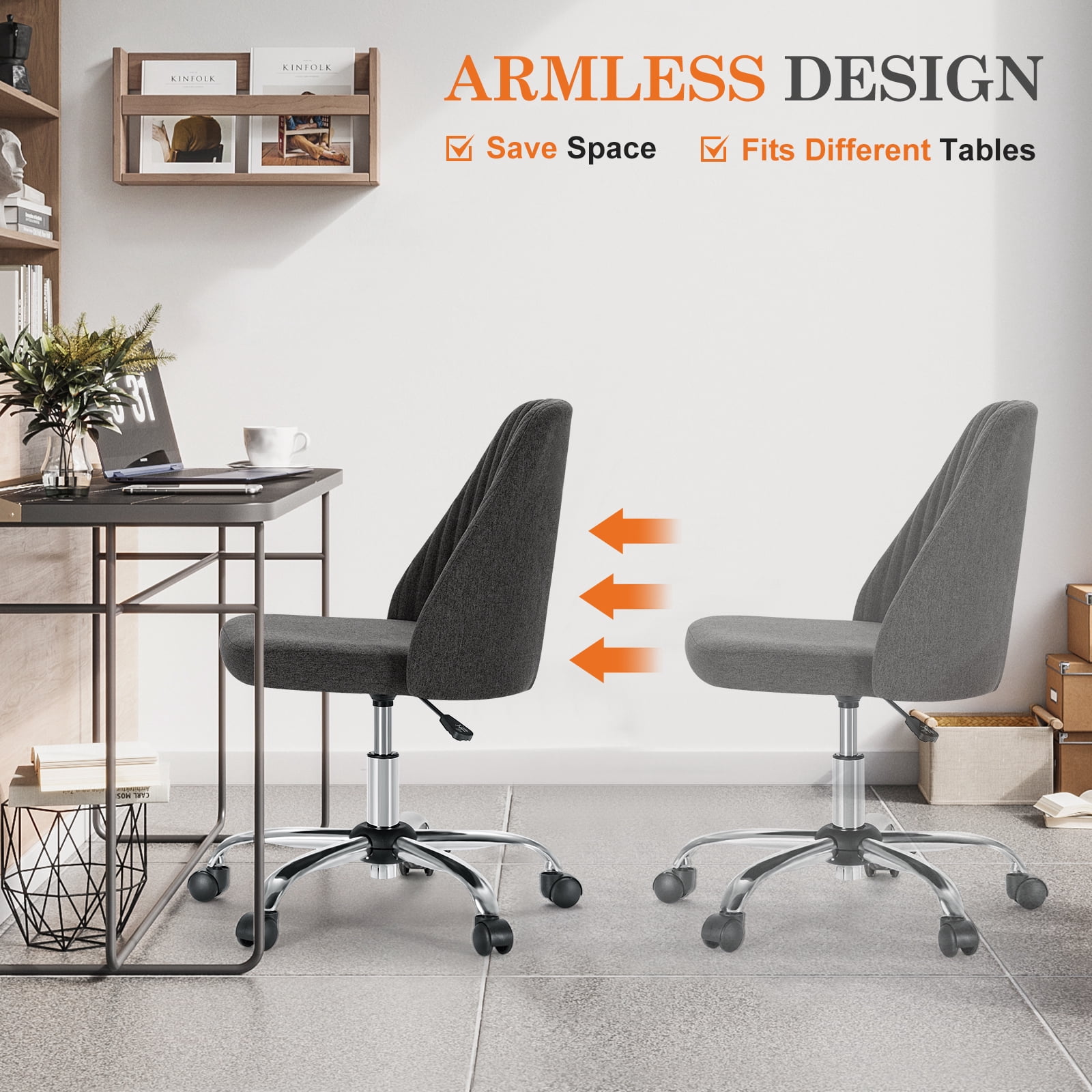 MAYEERTY Armless Office Desk Chair Height Adjustable ,Mid Back Accent Chair, Dark Grey